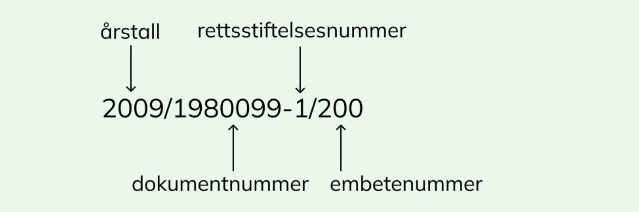 Dokumentinformasjon med &aring;r, dokumentnummer, rettsstiftelsesnummer og embetekode