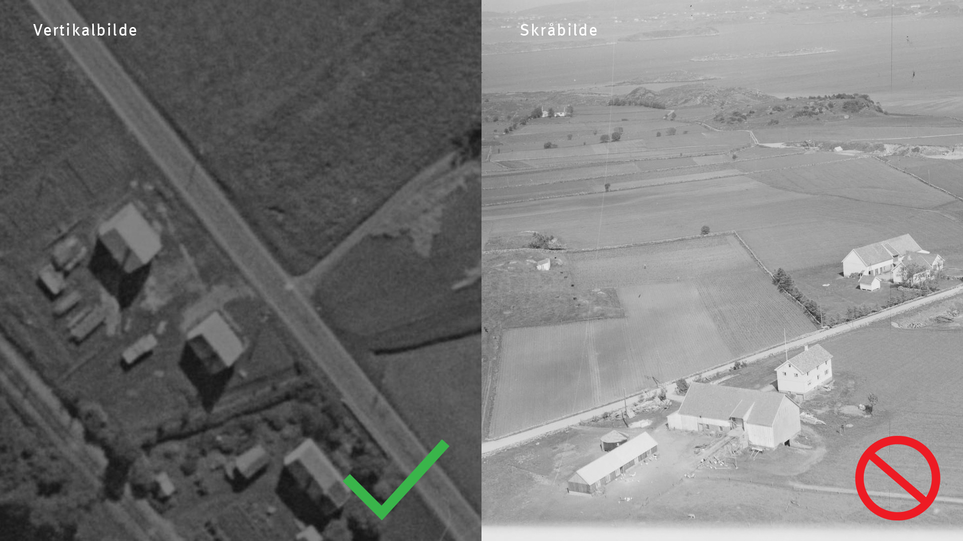 Sammenligning av flyfoto: Vertikalbilde vs. skr&aring;bilde.