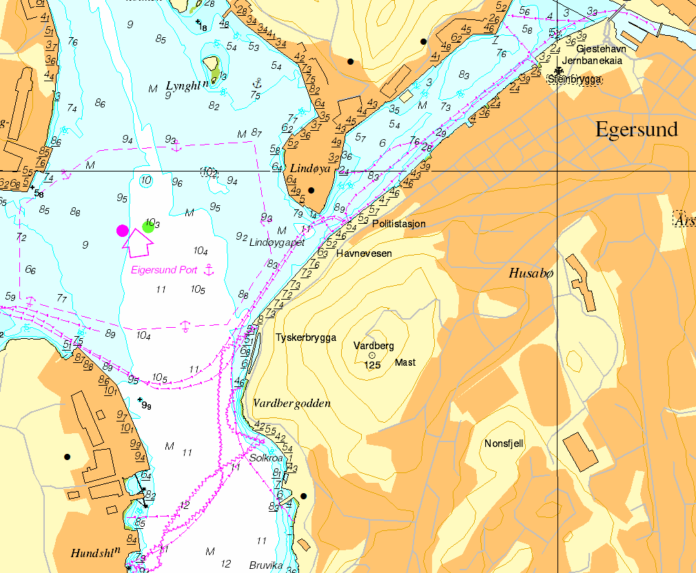Utsnitt fra sj&oslash;kart av Egersund havn.