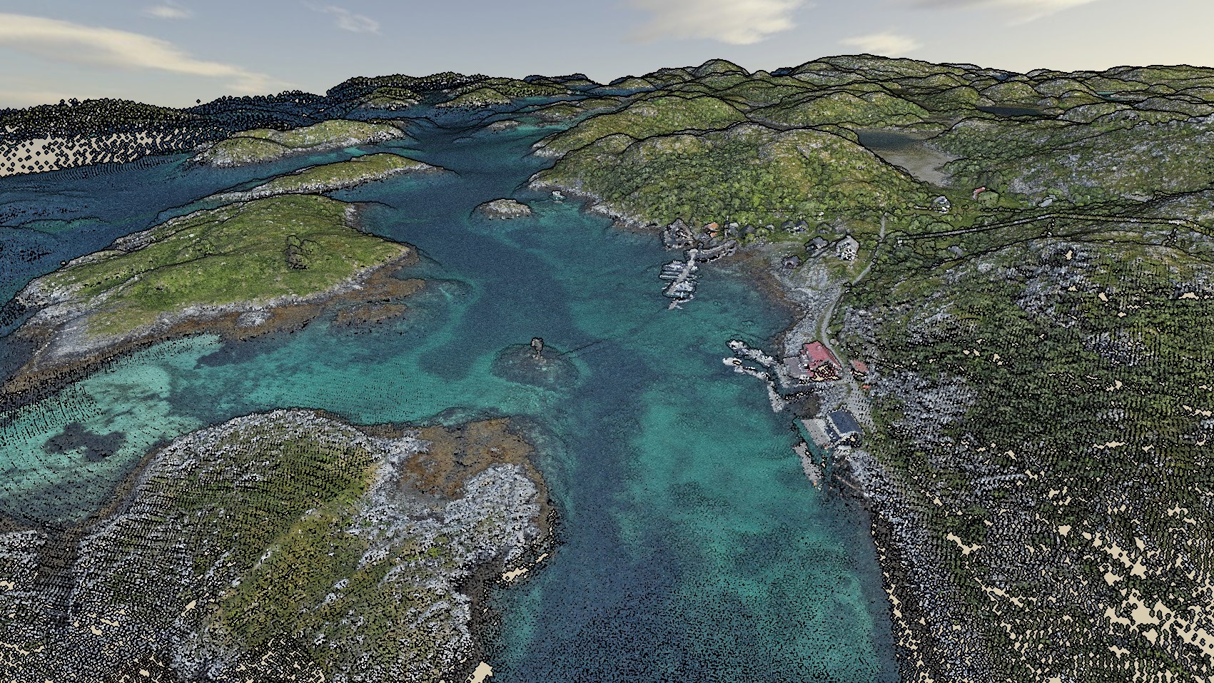 Punktsky av Bliksv&aelig;r med hurtigb&aring;tkaia i forgrunnen. Kilde: Kartverket