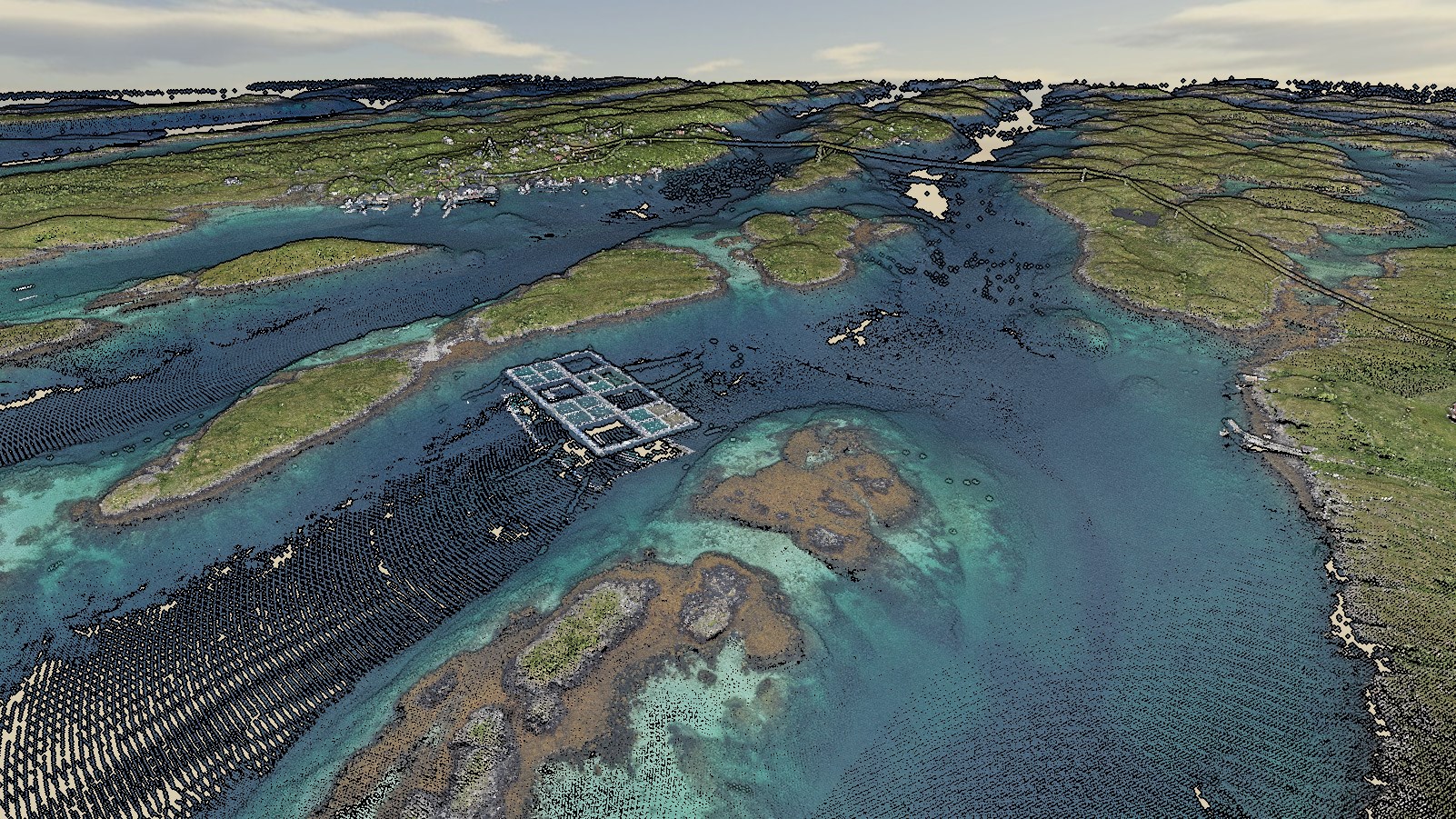 Punktsky av Helligv&aelig;r med infrastruktur som oppdrettsanlegg med fort&oslash;yning, luftspenn og bygninger i bakgrunnen. Kilde: Kartverket