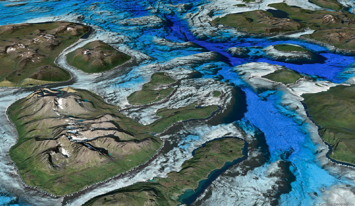 Modell av deler av det undersjøiske landskapet rundt Skjervøy i Troms. De marine grunnkartene kan blant annet brukes av fiskere, forvaltning og annen næring.  Illustrasjon: Terje Thorsnes/NGU