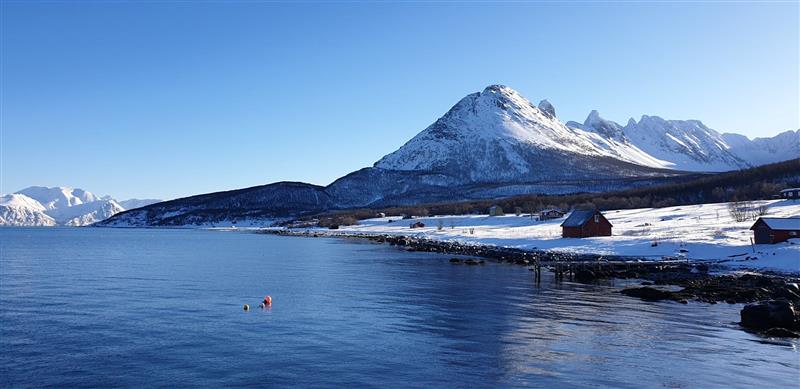 Vinterlandskap fra kysten i Skjervøy i Troms. Foto: Julianne Wilhelmsen/Kartverket