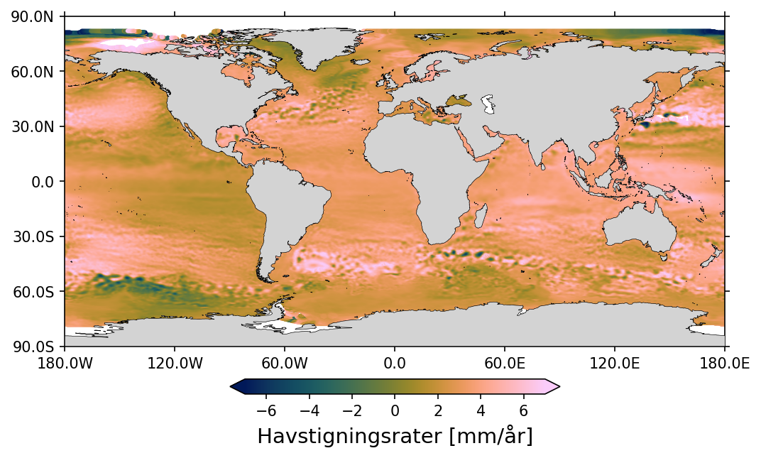 FIGUR 2: Lokale havstigningsrater observert med TOPEX/POSEIDON, Jason-1, OSTM/Jason-2 og Jason-3 fra 1993 til 2023. Kilde: Kartverket