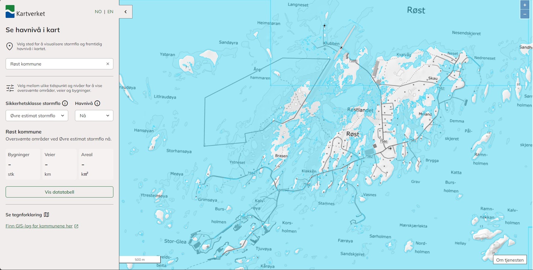 Skjermdump fra karttjenesten Se havniv&aring; i kart viser mulig framtidig oversv&oslash;mmelse p&aring; R&oslash;st i Lofoten.