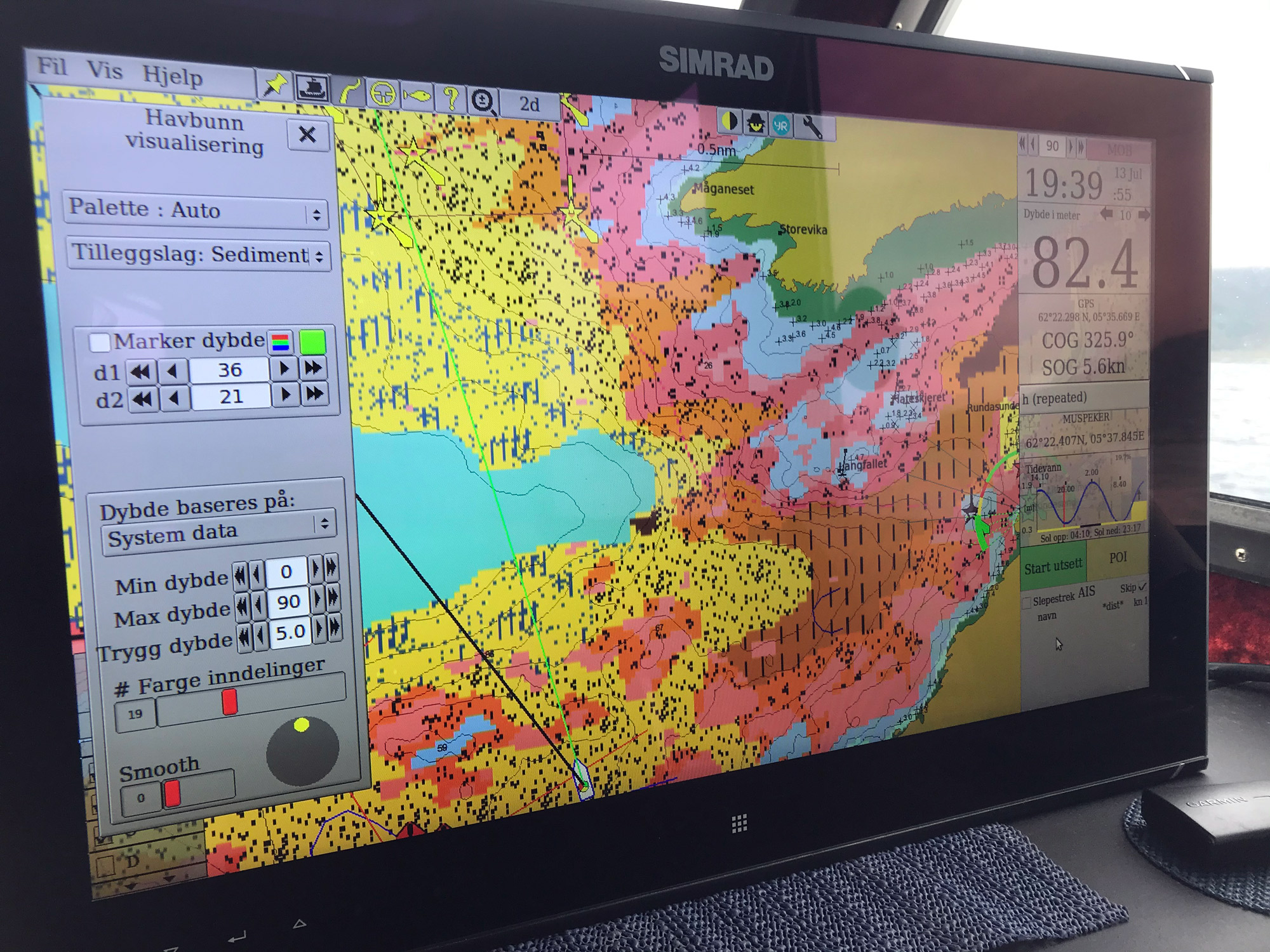 Sedimentkart fra marine grunnkart vist p&aring; Sailorsmate kartplotter.