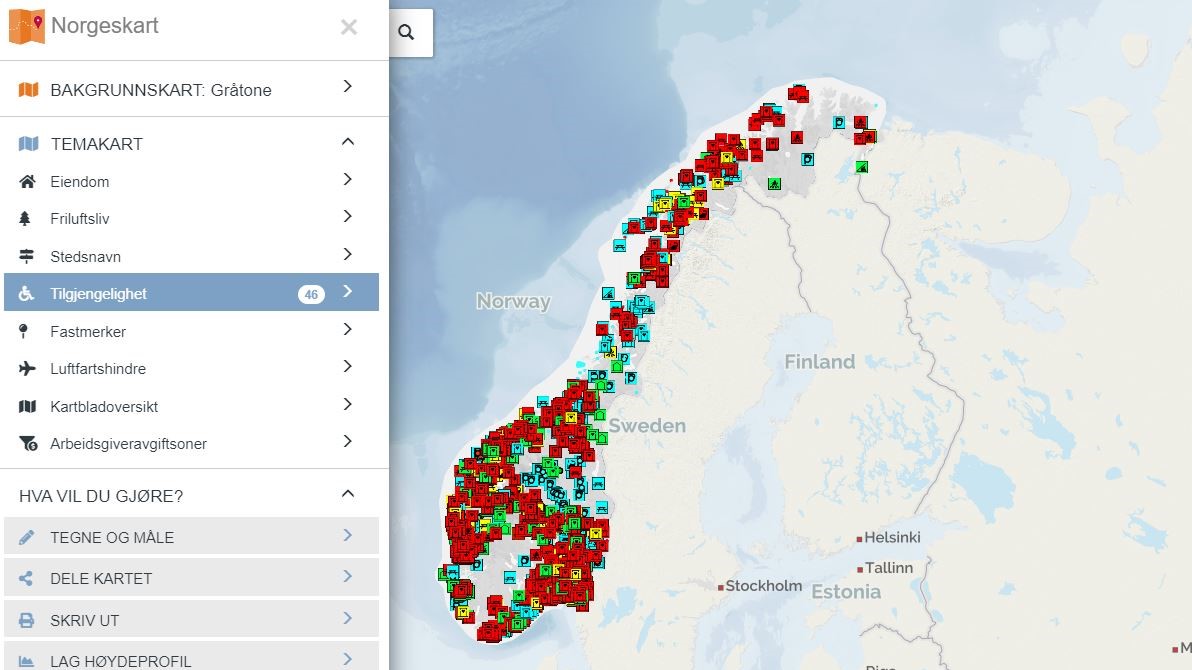 Skjermdump fr&aring; Norgeskart som syner tilgjengelegheitsdata.
