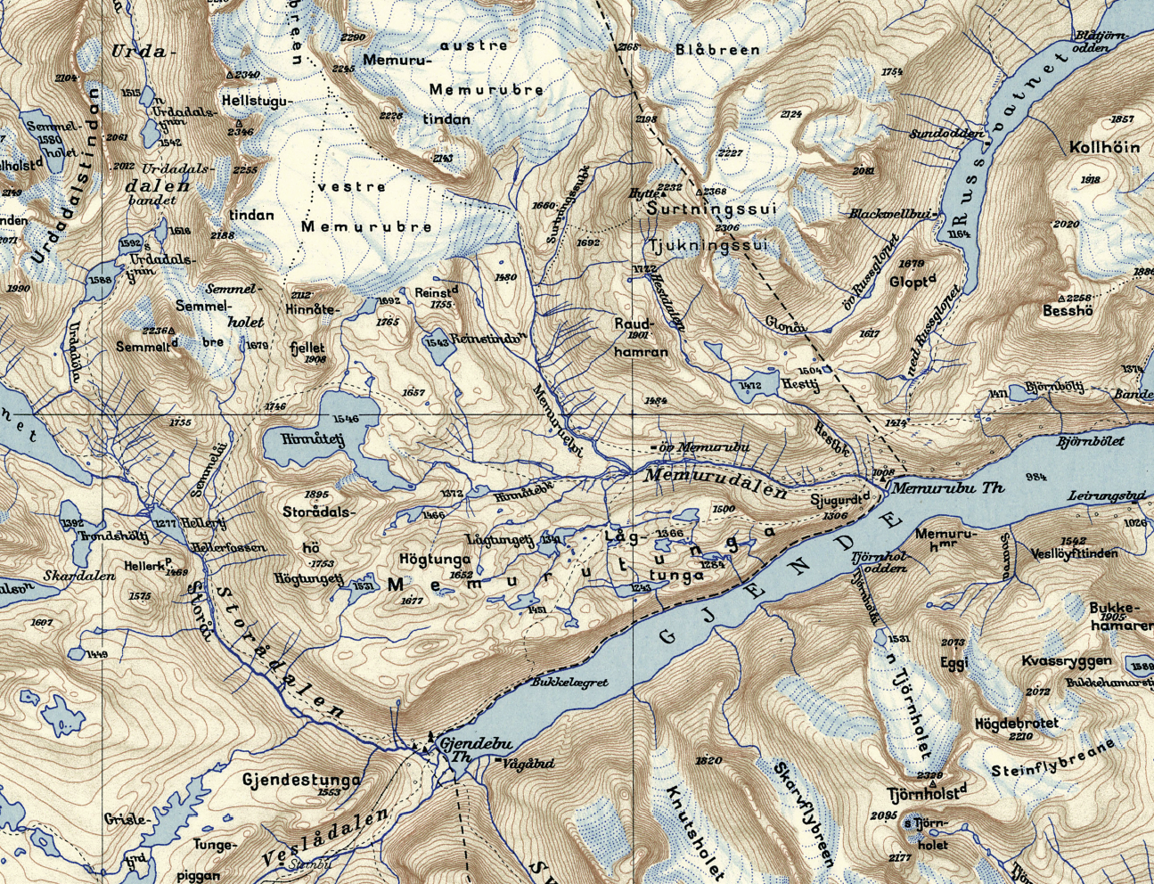 Kartutsnitt over Gjende fra 1938