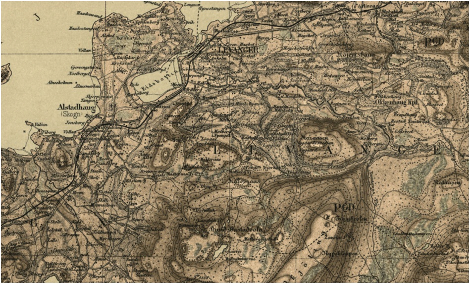 Utsnitt fra trykt rektangelkart 50A fra 1881